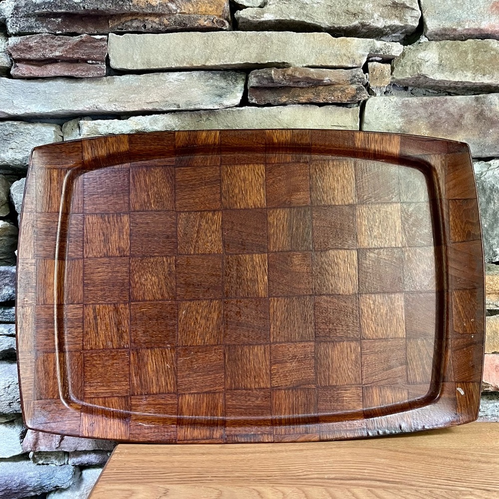 Weavewood Wooden Serving Tray Woven Walnut Vintage Mid Century Modern Bar Cart